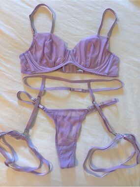 Lilac Sheer Mesh Lingerie Purple Matching Garter Belt Sexy Fairy Bra & Panty Set